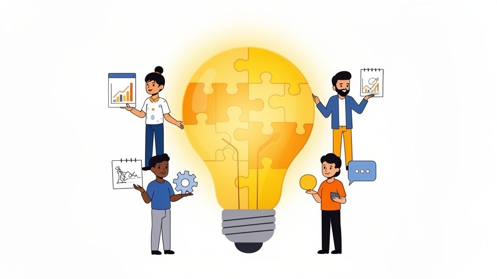 Diverse team collaborates on a puzzle light bulb, analyzing data and sharing ideas.