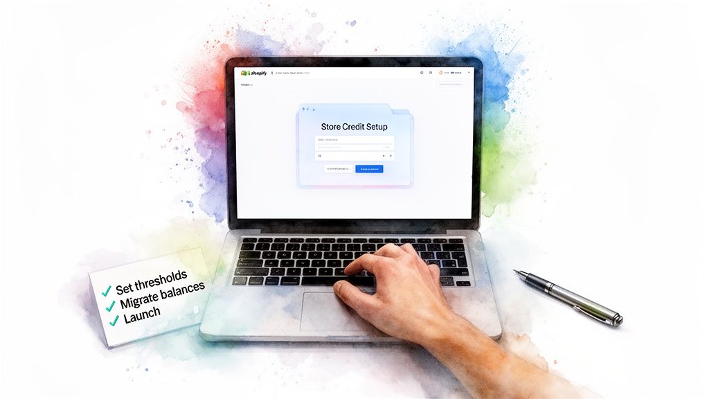 Laptop screen showing Shopify's 'Store Credit Setup', with a checklist for launching reward programs.