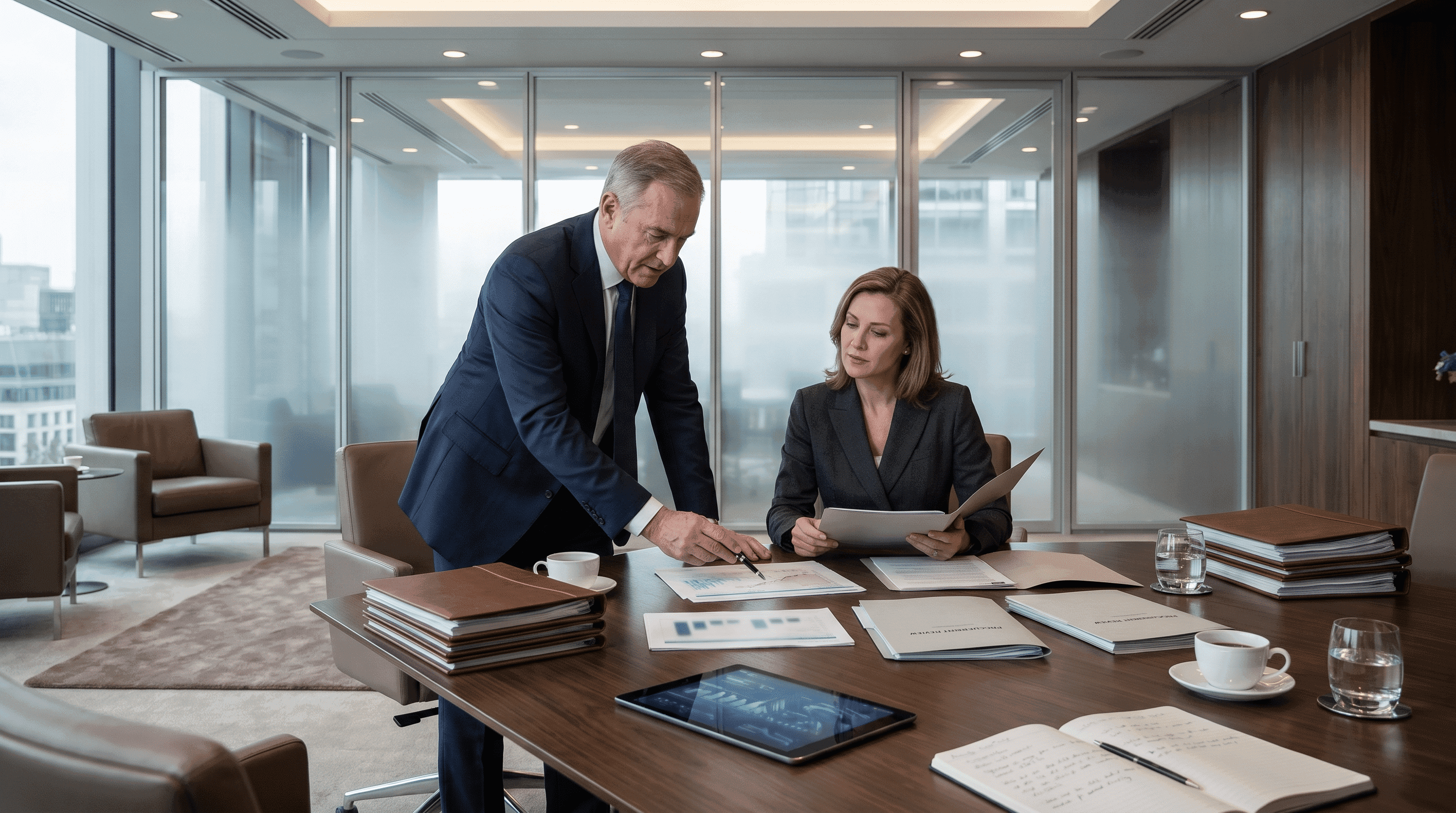 Consultant and business owner reviewing procurement evidence, contract documents and commercial strategy materials.