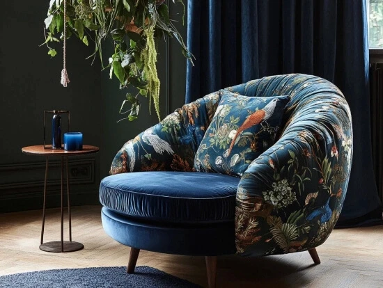 Stylish armchair with floral upholstery, dark blue velvet cushion, and a wooden side table in a cozy living space