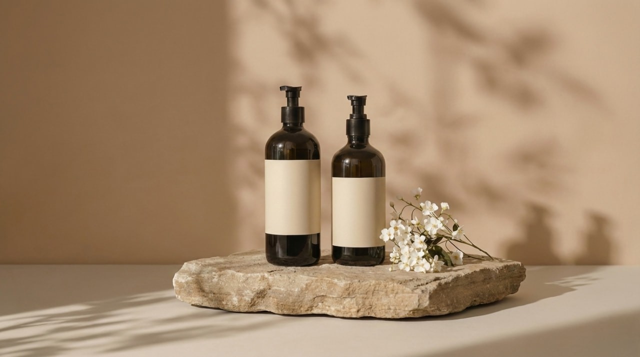 Two dark amber pump bottles with beige labels stand on a textured stone slab, accompanied by small white flowers. Soft shadows cast a serene, minimalist vibe.
