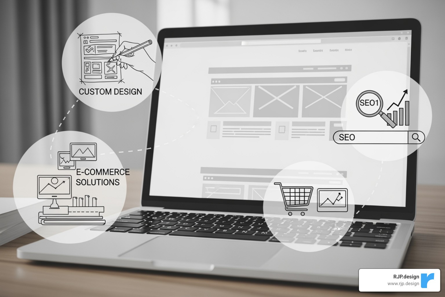 Illustration of various web design services like custom design, e-commerce, and SEO - web design new york ny