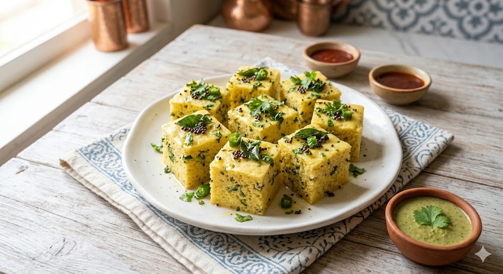 A plate of eight cubed khatta dhokla pieces, garnished with green chilies, cilantro, and spices, is presented on a wooden table with a side of green and red chutneys.
