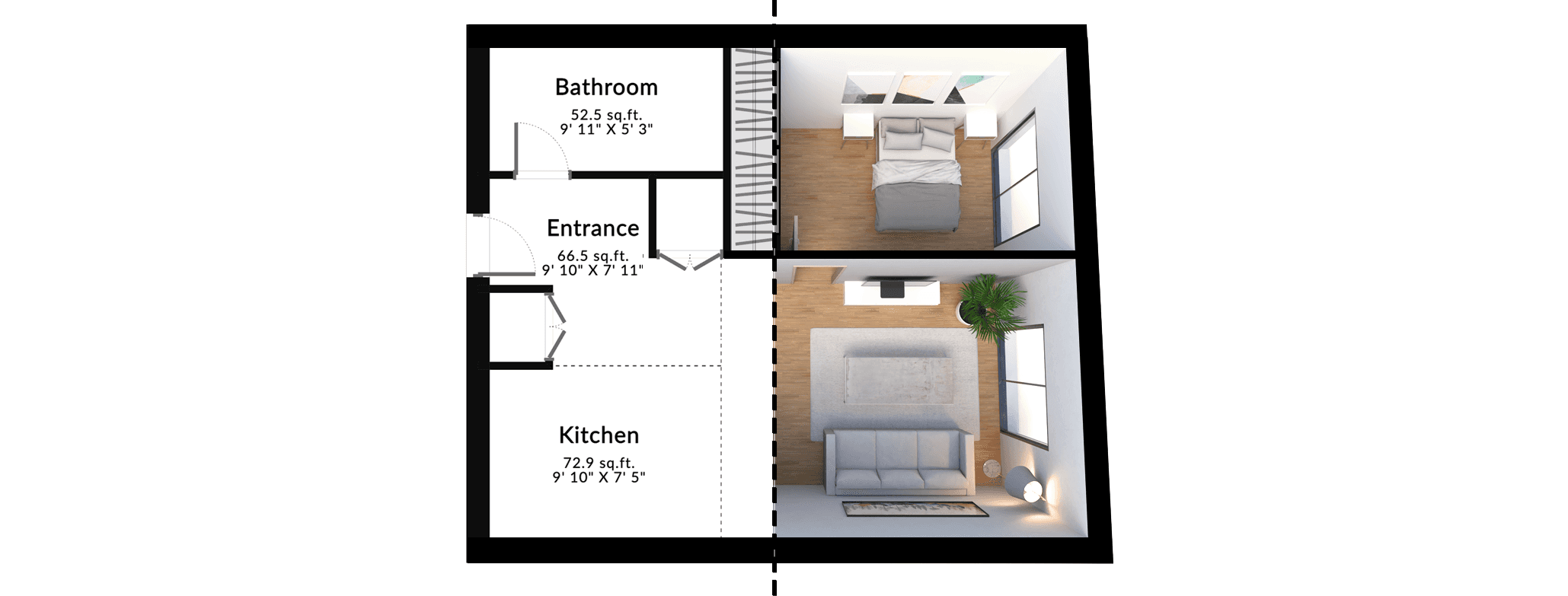 3D-rendered floor plan of a small home, showcasing a well-organized layout with a bedroom, living area, kitchen, and bathroom, illustrating key considerations for efficient space planning."