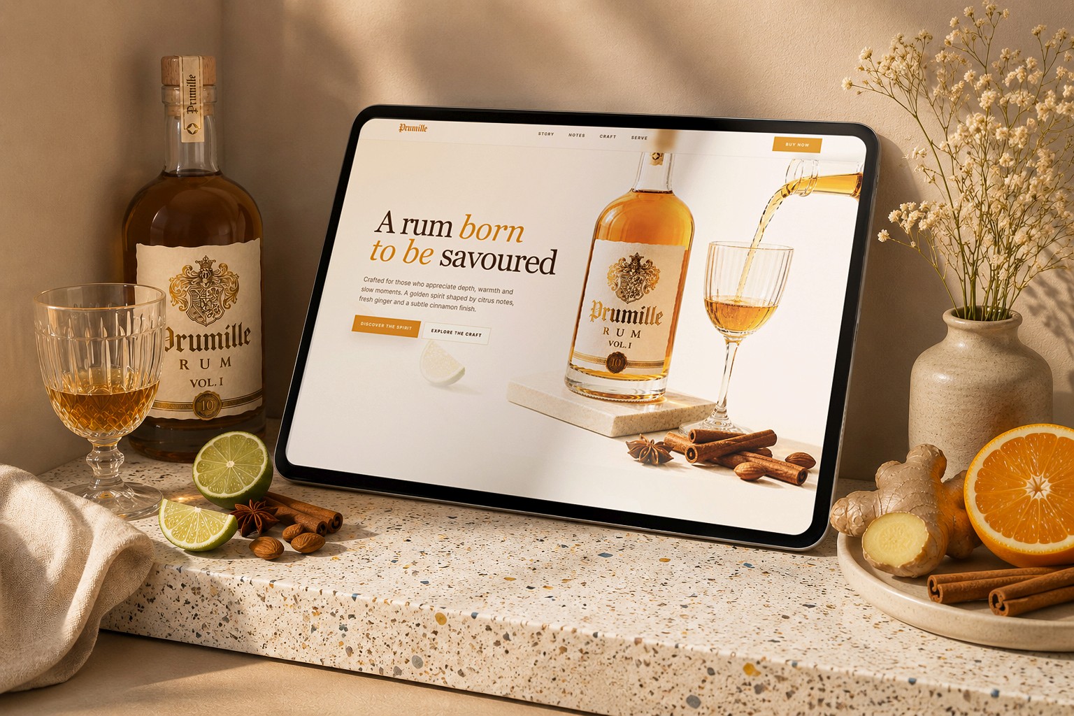 Prumille apresentada em uma composição sensorial, elegante e quente, traduzindo no ambiente a mesma experiência do produto: rum, lima, gengibre, canela e presença.