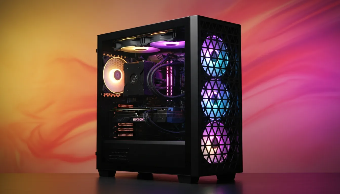 DSLR product photograph of a modern, high-performance PC workstation. The black mid-tower case is shown at a three-quarter angle, featuring a dark tempered glass side panel and a distinctive front mesh with a repeating triangle cutout pattern. Inside, multiple RGB fans glow with a gradient of yellow, purple, and blue, illuminating the clean interior components and an AIO liquid cooler. The workstation is set against a vibrant, textured background that smoothly transitions from warm yellow to bright magenta. Soft studio lighting, sharp focus.