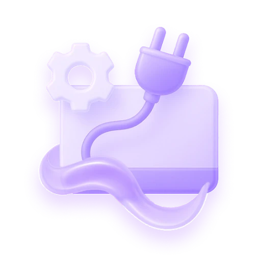 Ícone roxo com engrenagem e conector ilustrando integração tecnológica por API.