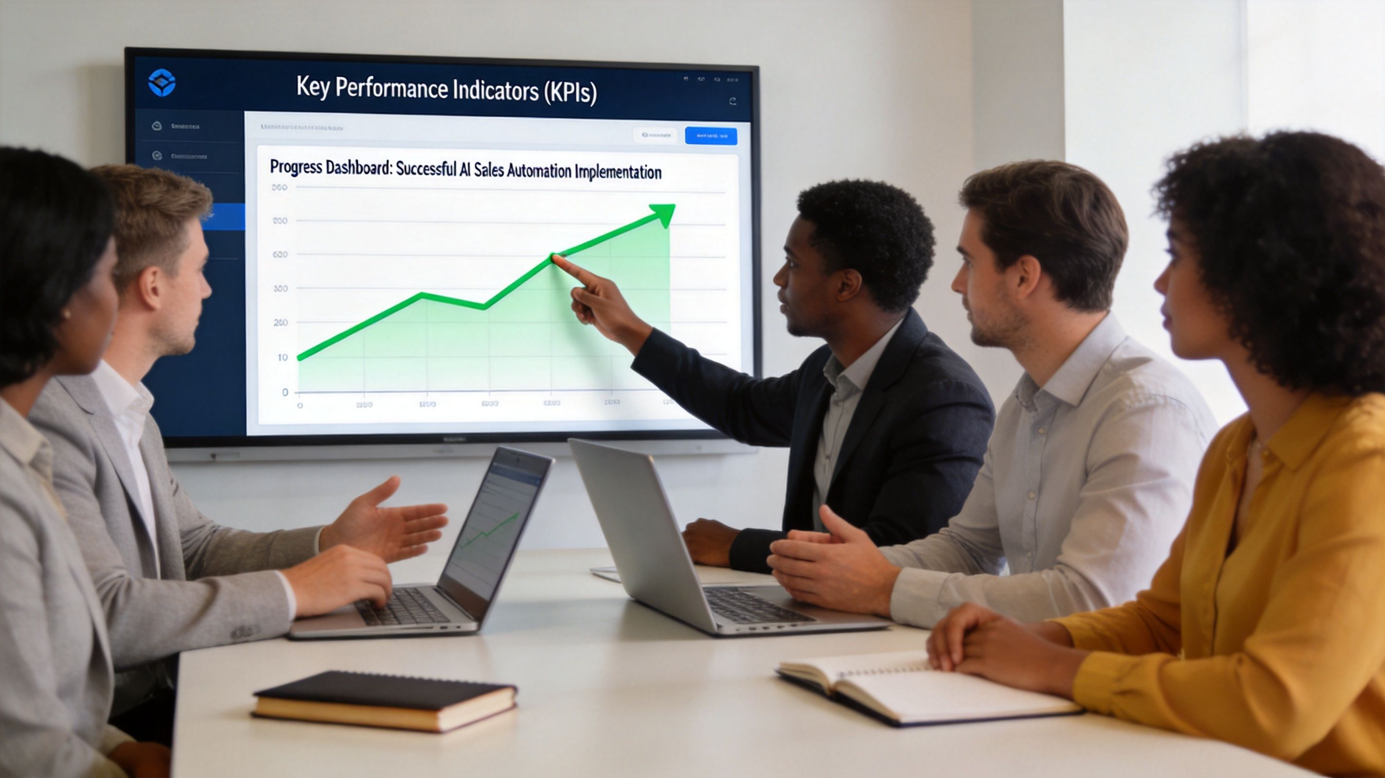A diverse group of business professionals in a meeting room reviewing a growing AI sales automation chart.