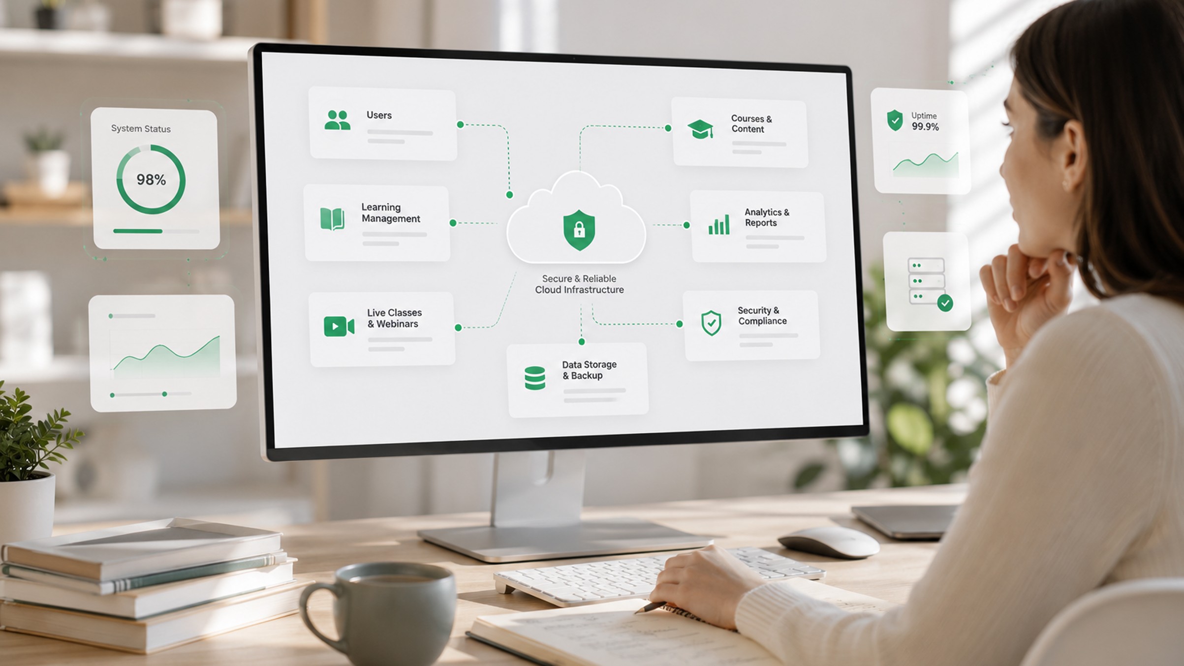 Education infrastructure platform connecting LMS, live classes, analytics, security, and cloud storage systems