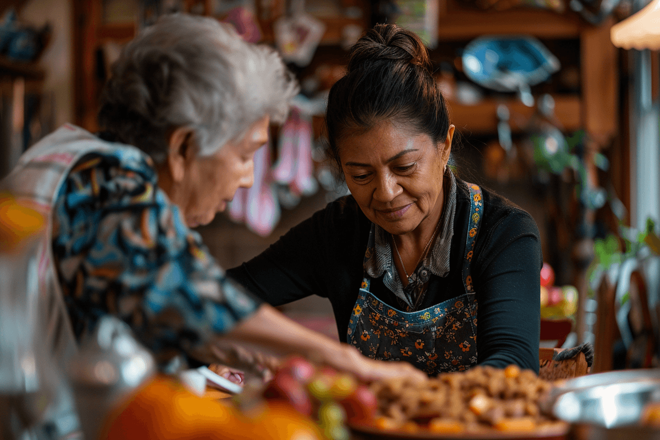 a caregiver, who works for a home care agency, in a senior's home, helping with cooking during Thanksgiving