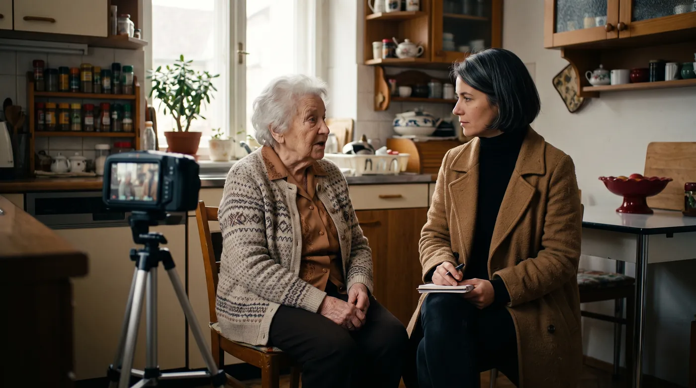 A reporter with a notebook interviewing a woman in her kitchen