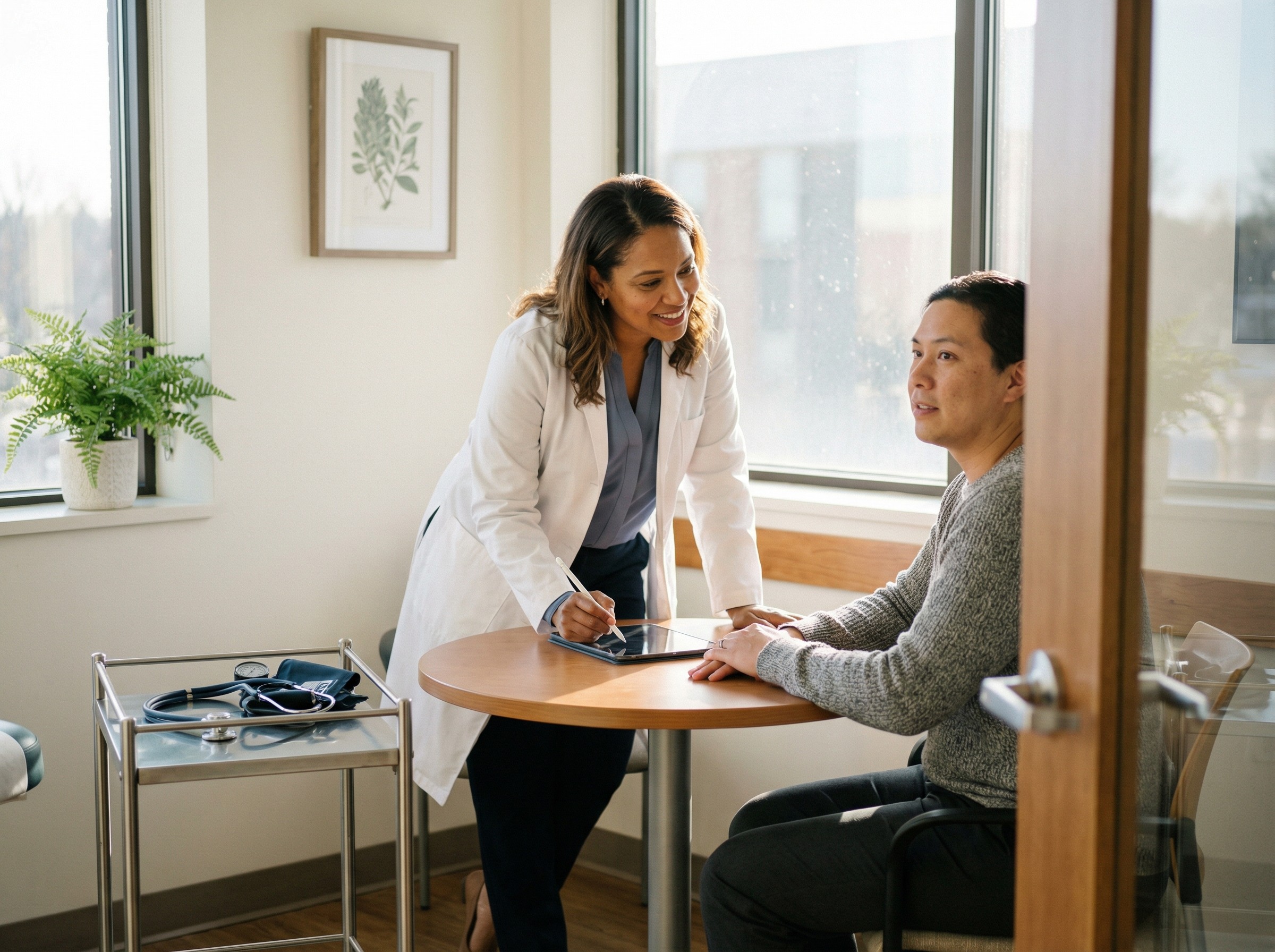 Morgensonne fällt in ein helles Behandlungszimmer. Eine Ärztin begrüßt einen Patienten mit einem freundlichen Lächeln, beide nehmen am Tisch Platz. Auf dem Wagen liegen Stethoskop und Blutdruckmanschette bereit. Die Atmosphäre wirkt ruhig, konzentriert und vertrauensvoll, bereit für Untersuchung und Beratung.
