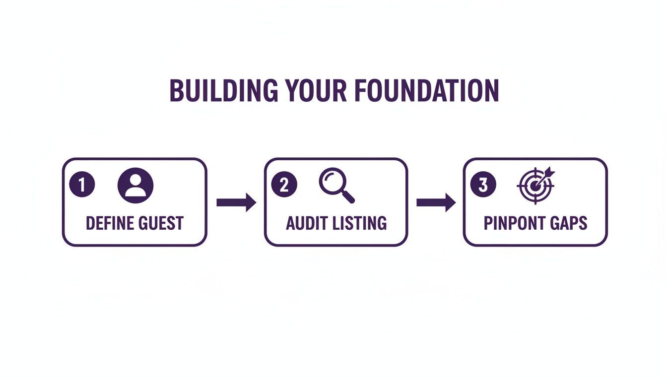 A three-step process flowchart illustrating 'BUILDING YOUR FOUNDATION': Define Guest, Audit Listing, Pinpoint Gaps.