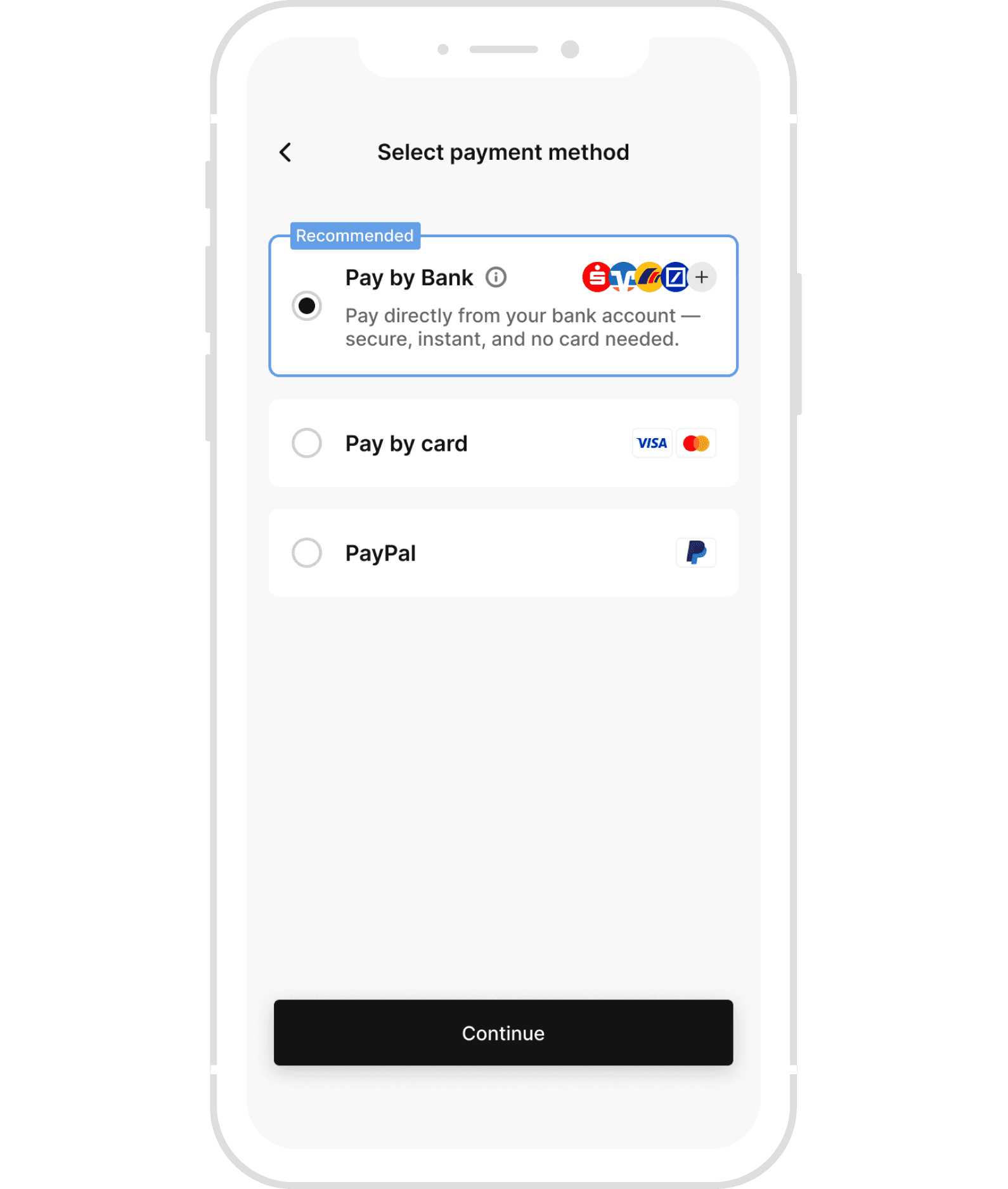 Checkout screen with pay by bank at the top