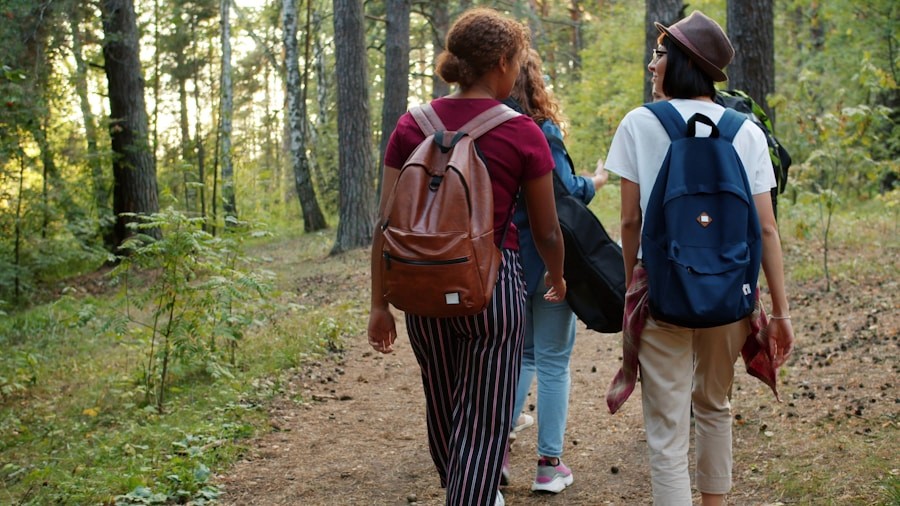 Three friends hiking on a forest path