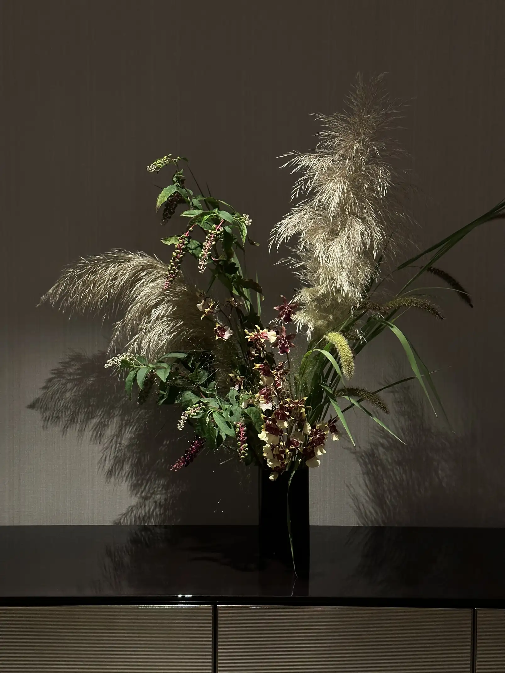 Composición botánica con pampas y orquídeas oscuras en jarrón negro para fotógrafos y diseñadores que trabajan atmósferas elegantes y dramáticas.