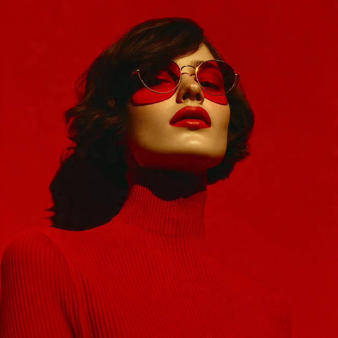 A person in a red turtleneck and round red sunglasses stands against a matching red background. The mood is bold and stylish, with vibrant red tones.
