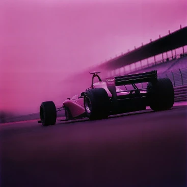 Formula One car speeding along a track under a pink and purple sky, rendered with motion blur