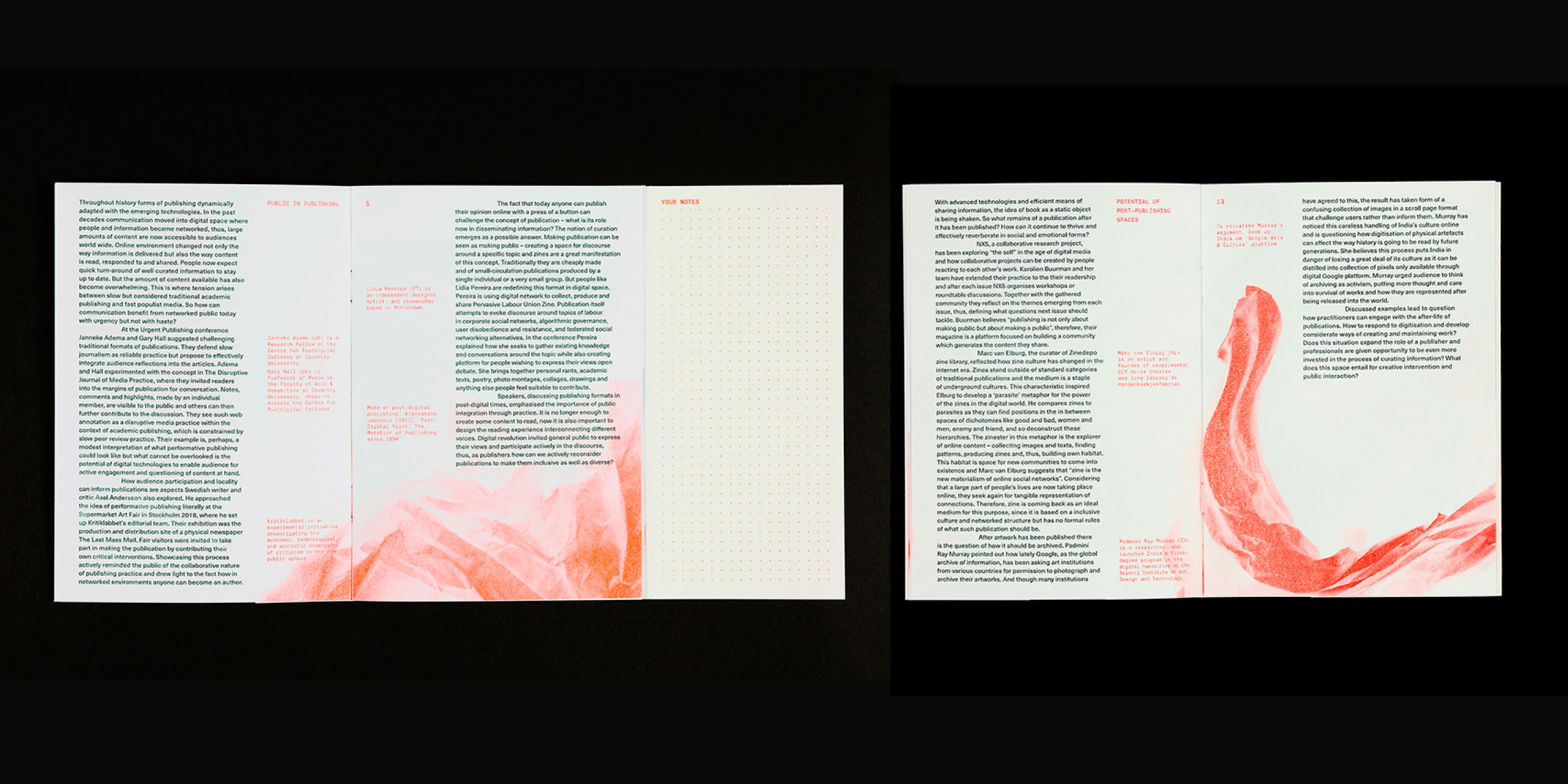 Inside spreads of Notes of Dynamic Interventions booklet design printed with risograph.