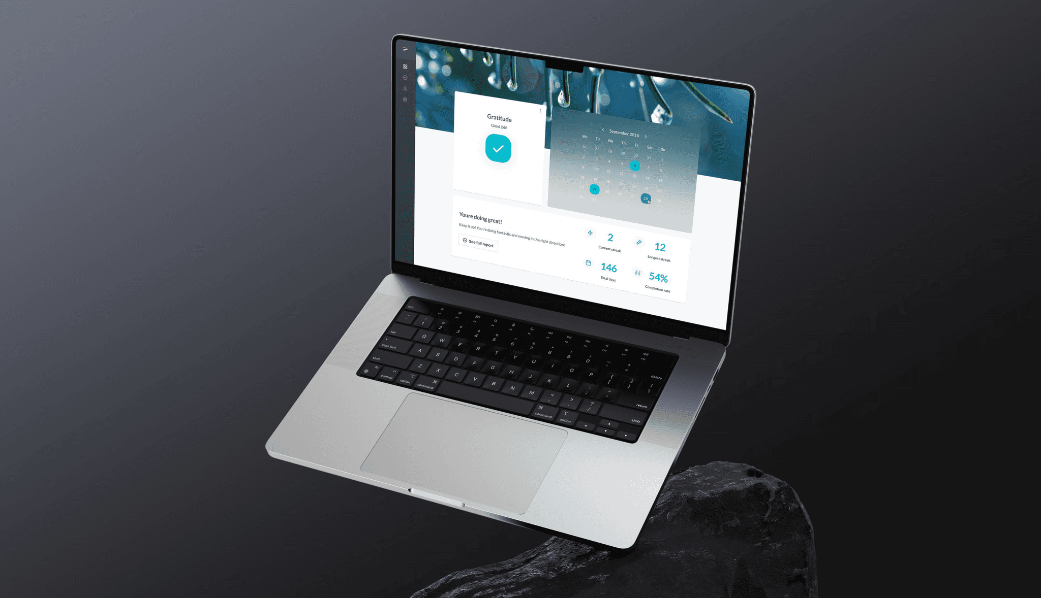 Laptop displaying habit tracker dashboard with gratitude habit, calendar, and progress stats.