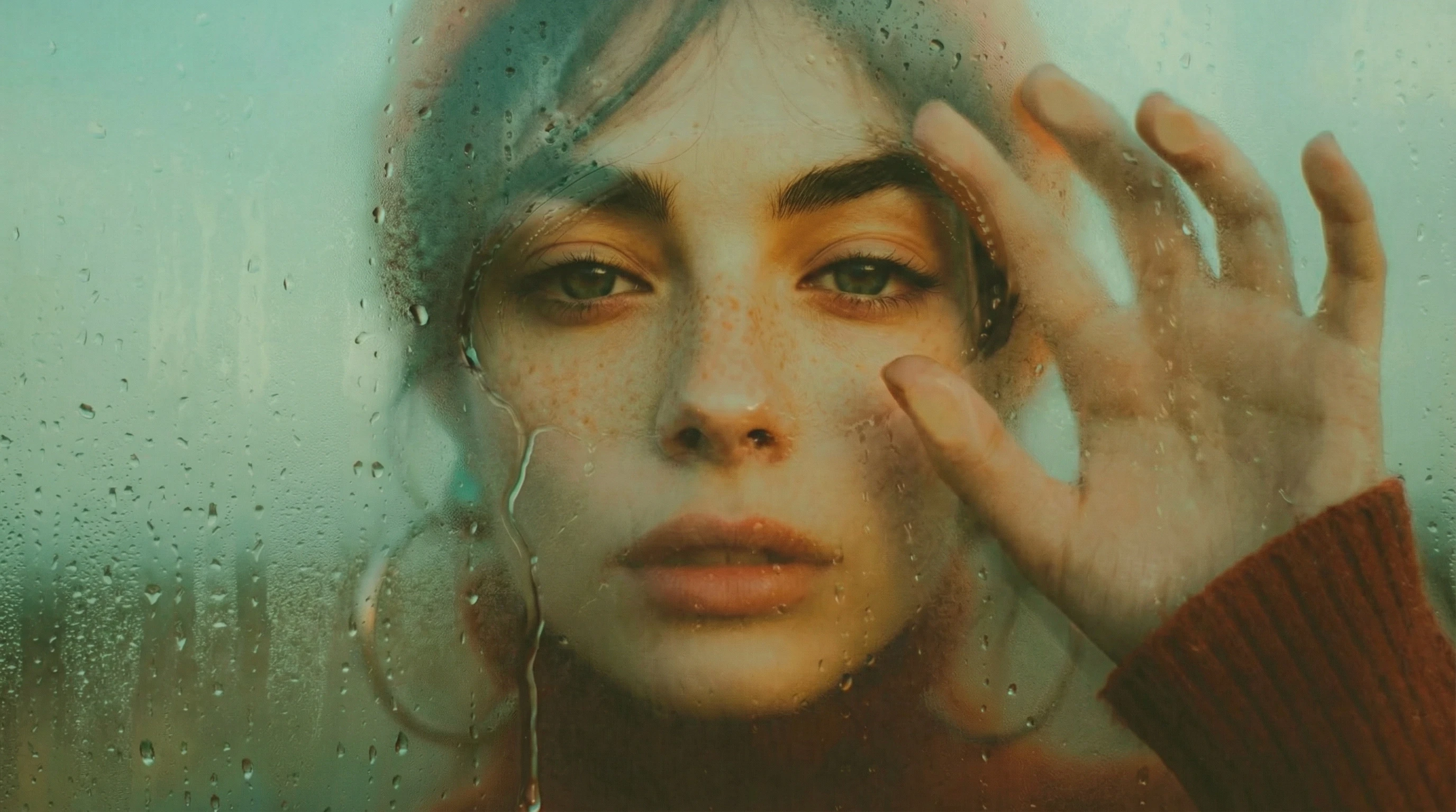 Woman behind foggy glas