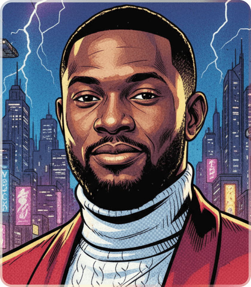 Portrait of Faruq Bakre in comic style art
