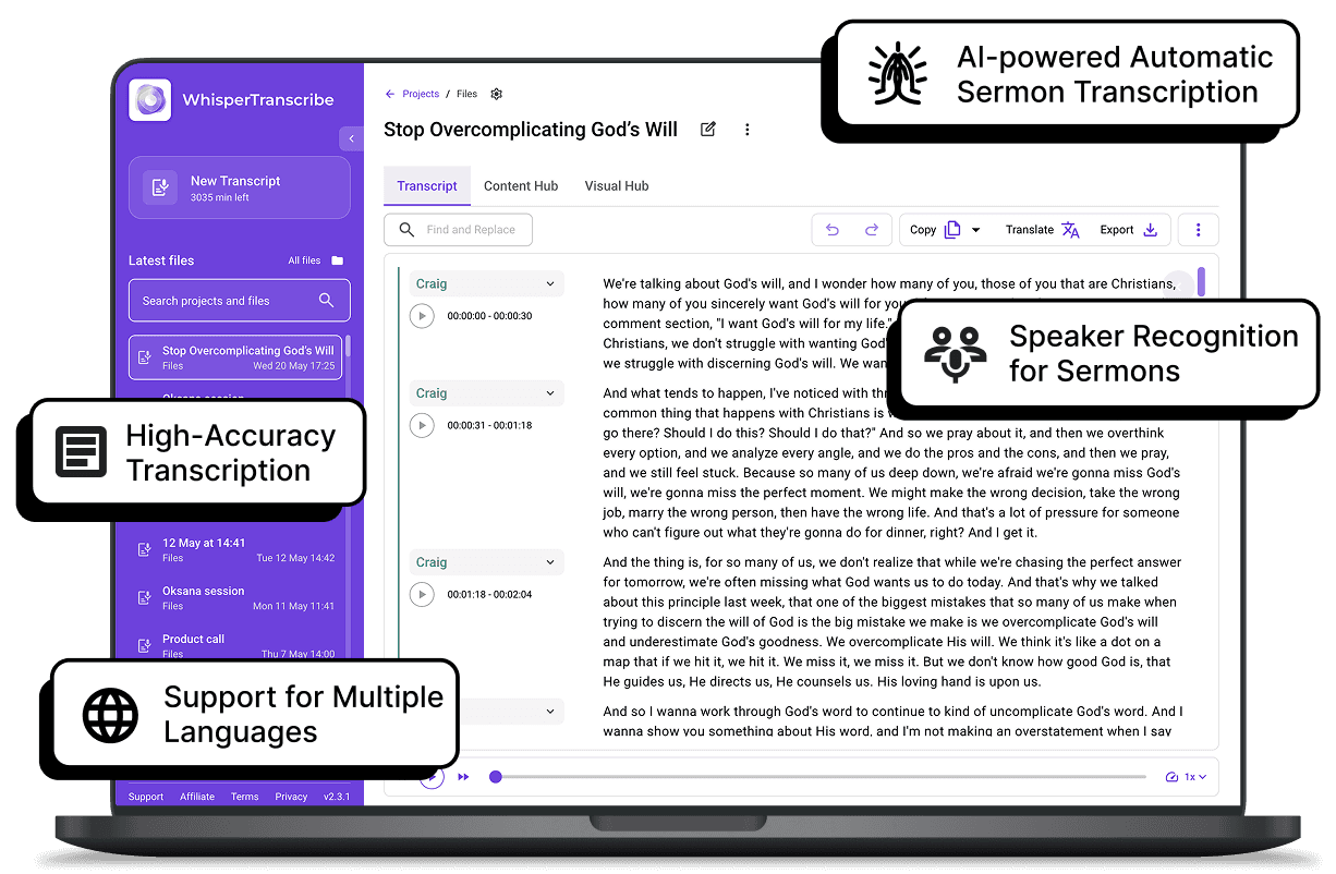WhispeerTrasncribe interface for Meetings