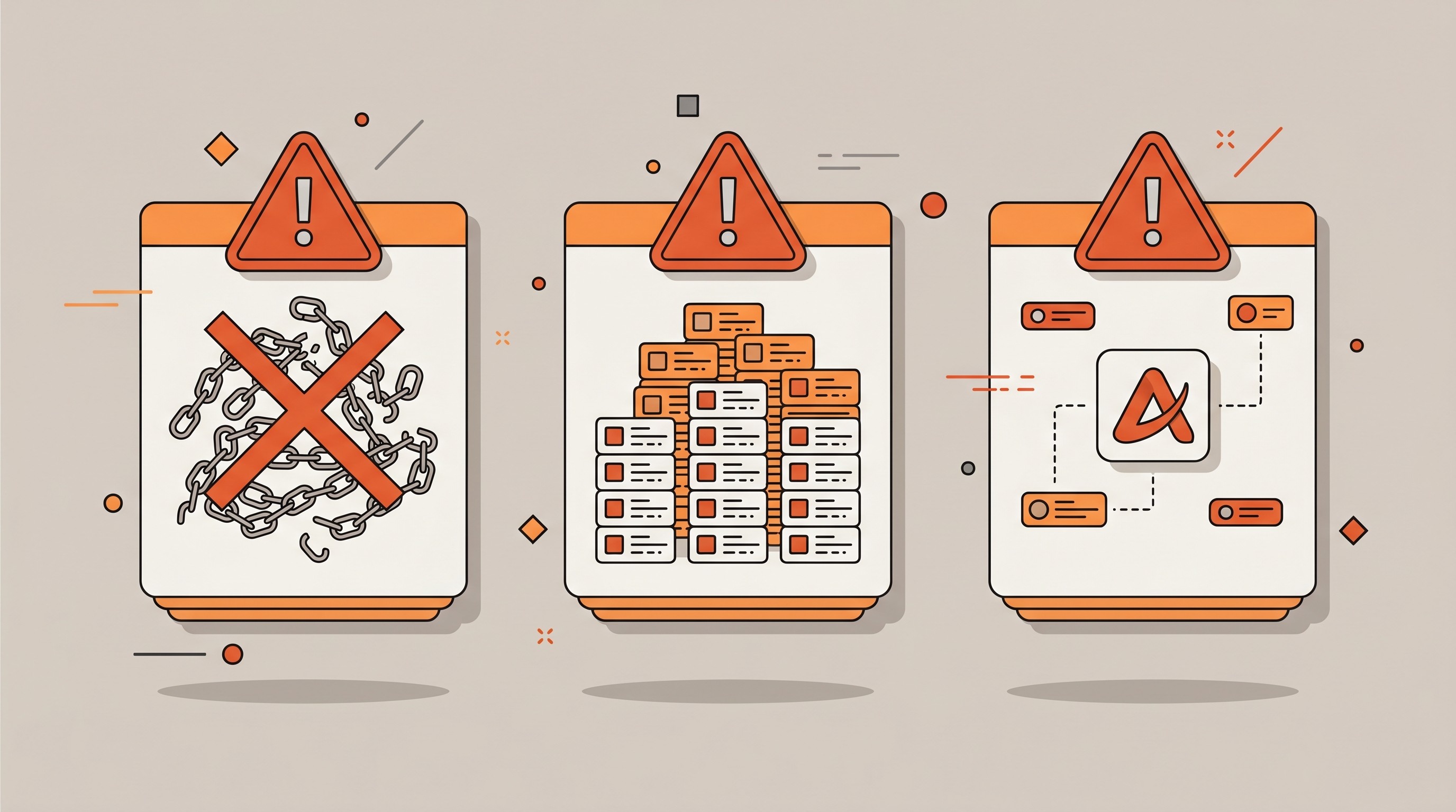 Ilustrasi flat kesalahan umum off-page SEO termasuk backlink rendah, anchor text berlebih, dan brand mention yang terabaikan.