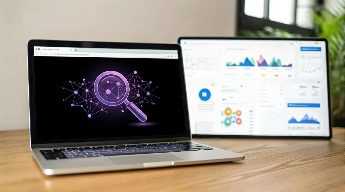 A minimalist illustration of a digital magnifying glass over a network of violet and magenta nodes representing SEO.