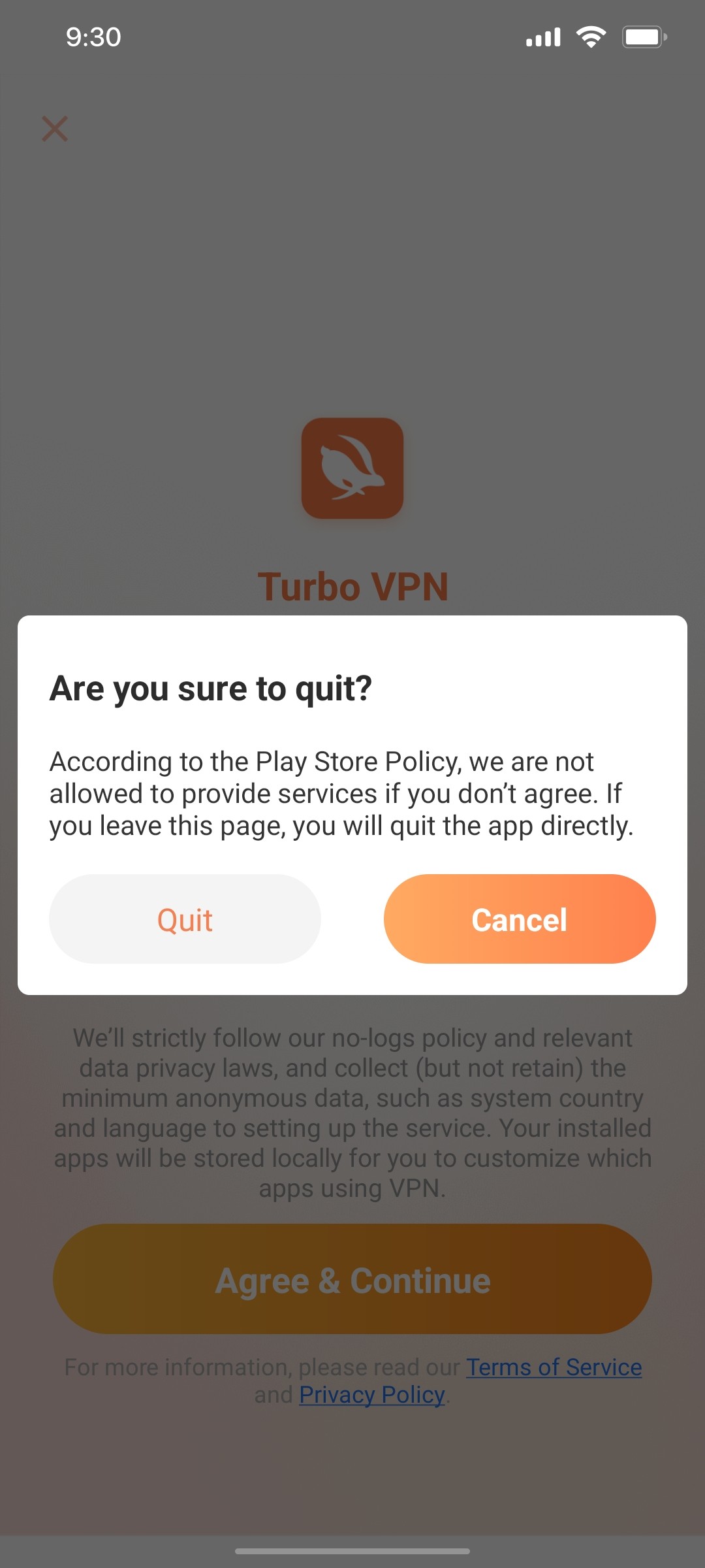 Turbo vpnQuit Modal screen