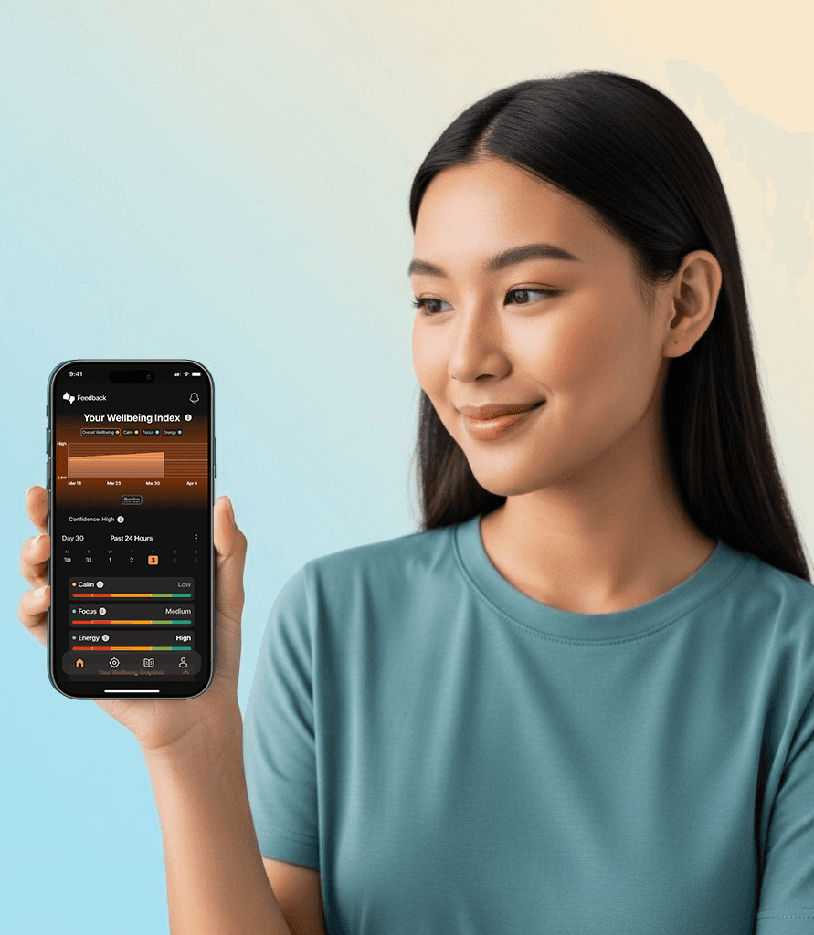 A flowing, abstract form with smooth, wavy textures is depicted, featuring a gradient of soft green and fiery orange hues, set against a muted brown background.