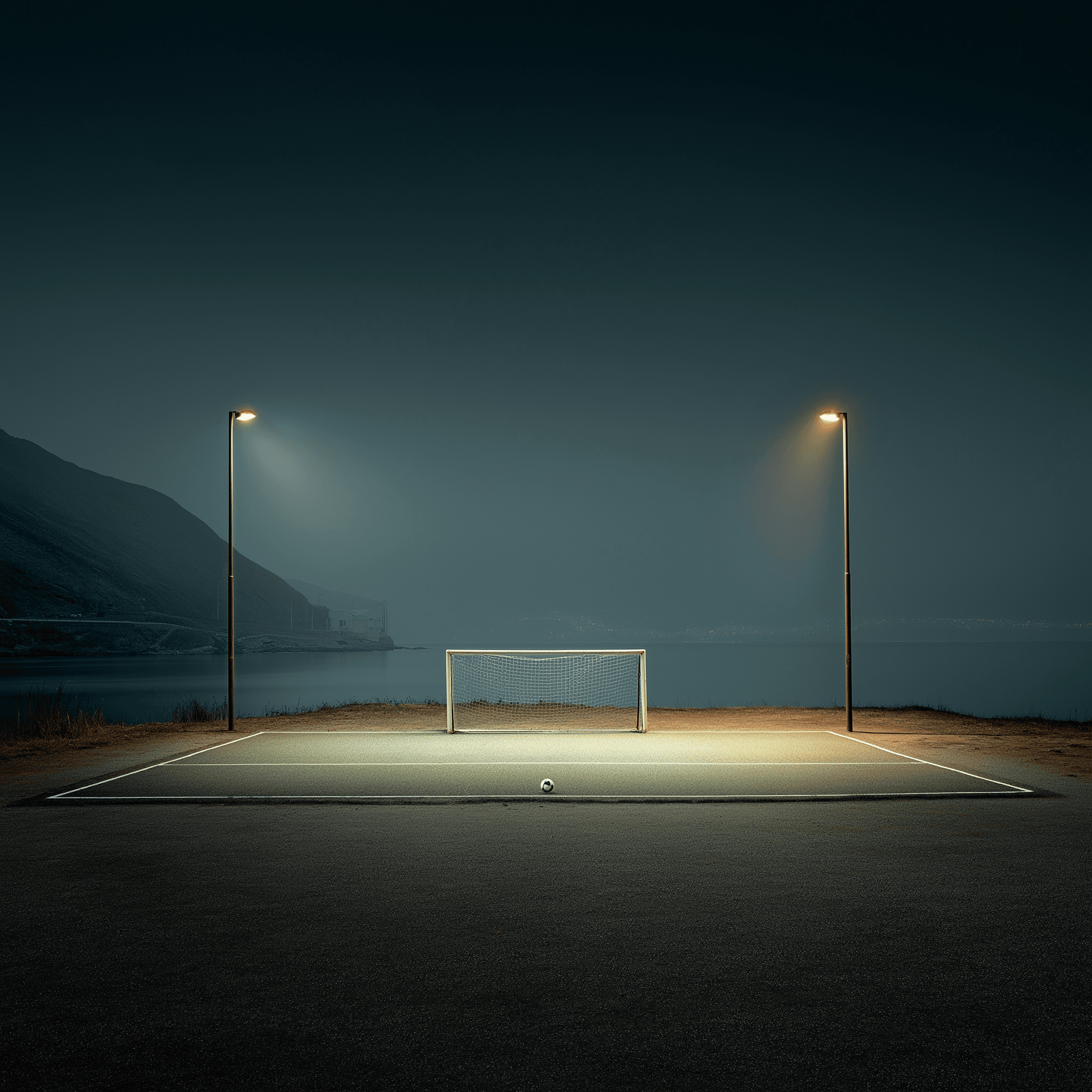 A dimly lit, isolated soccer field with a single goalpost is illuminated by two streetlights, set against a backdrop of a misty shoreline and distant mountain, creating a serene and moody atmosphere.