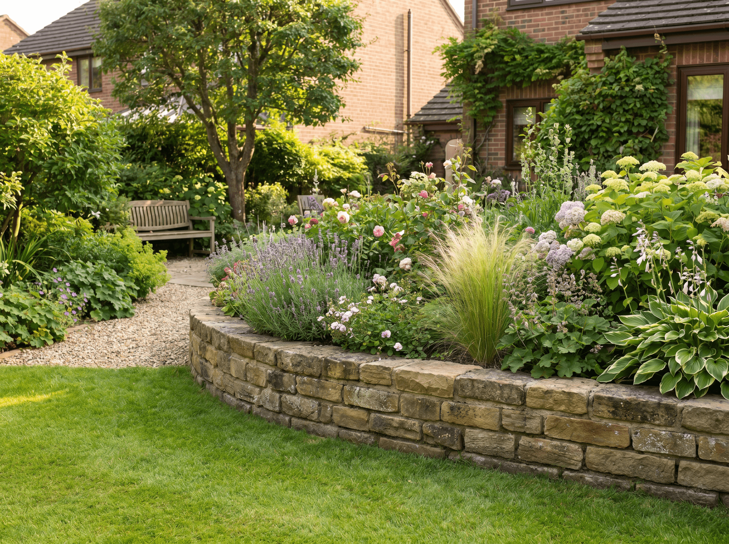 Low natural stone retaining wall with a raised planting bed