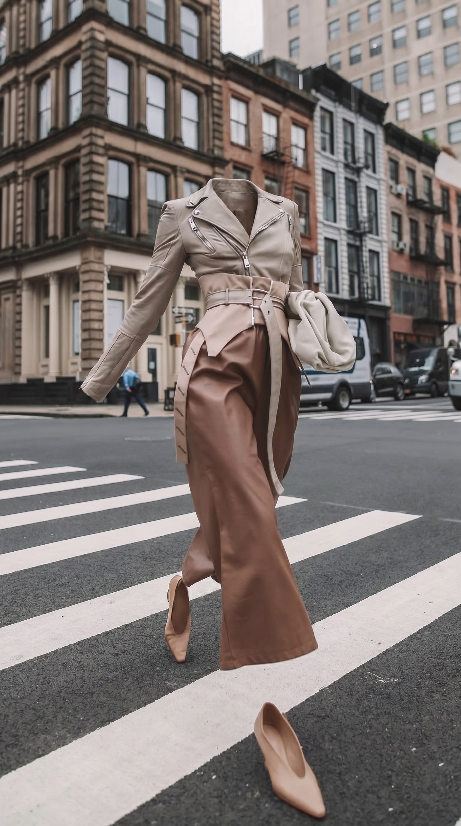 Avant-garde fashion outfit floating across a city crosswalk, featuring a belted leather jacket and wide-leg trousers.