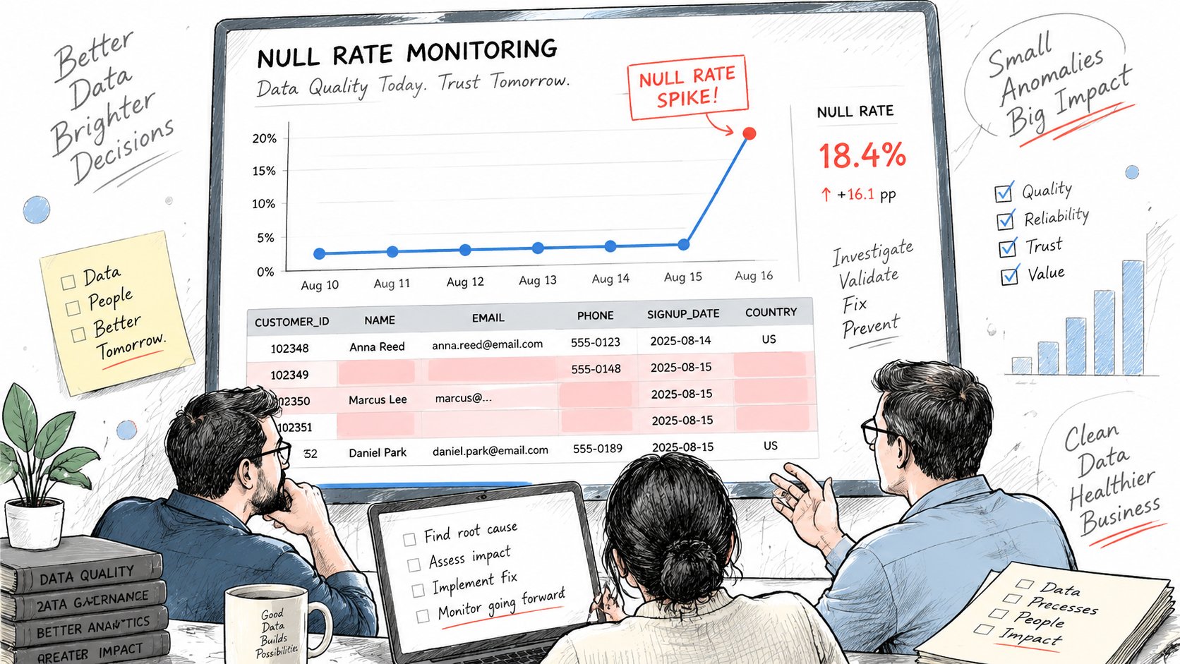 A clear section image for NULL rate monitoring, showing a data quality dashboard with a line chart where missing-value r