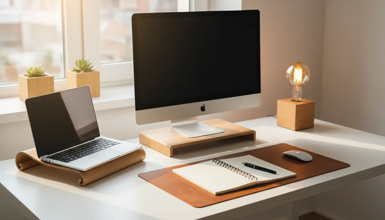 DSLR photograph of a modern, organized digital artist's desk setup, eye-level view, bathed in soft natural daylight from a window. On a white desk, a silver Apple MacBook Pro sits on a curved, light-colored bent plywood stand. Next to it is a larger Apple iMac on a similar wooden stand. The scene features a brown leather mousepad with a white wireless mouse, an open notebook with a pen, and a small minimalist desk lamp with a square wooden base and an exposed Edison bulb. In the background, two small succulent plants in matching wooden planters rest on the white windowsill. The entire desk is in sharp focus, highlighting the textures of the wood and leather, with a softly blurred background.
