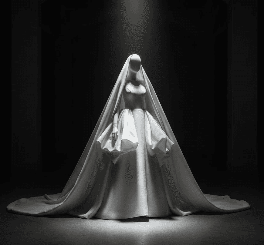 Luxury fashion editorial photography featuring model in vibrant patterned suit with orange accents, seated on vintage green armchair in elegant interior setting - Serif Creative Studio portfolio