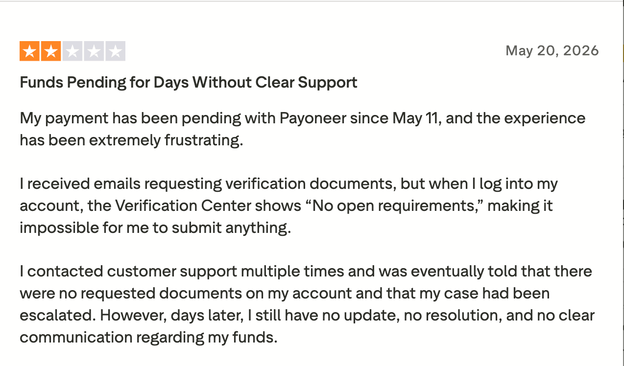 Payoneer review on TrustPilot