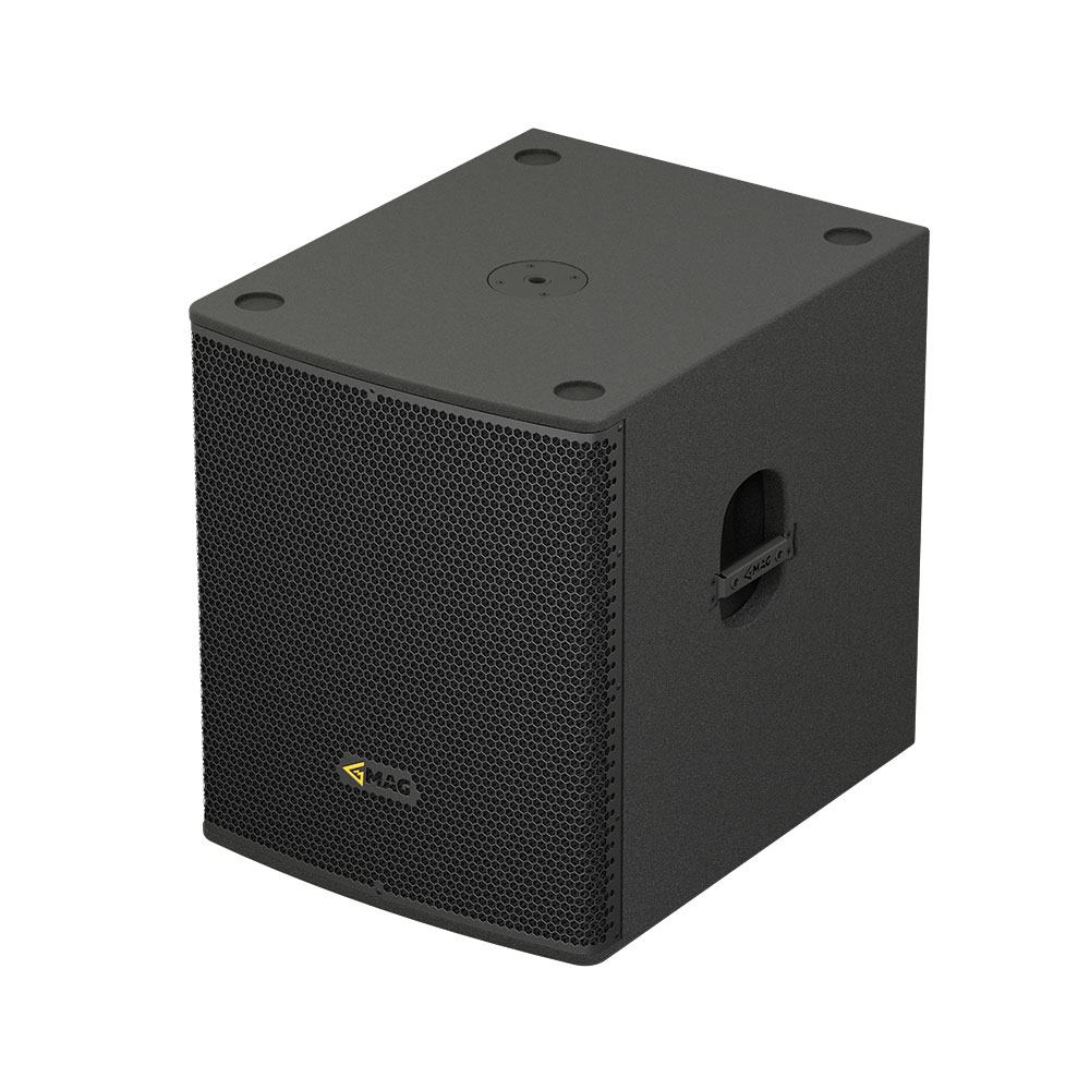 Black speaker cabinet with metal grille and handle