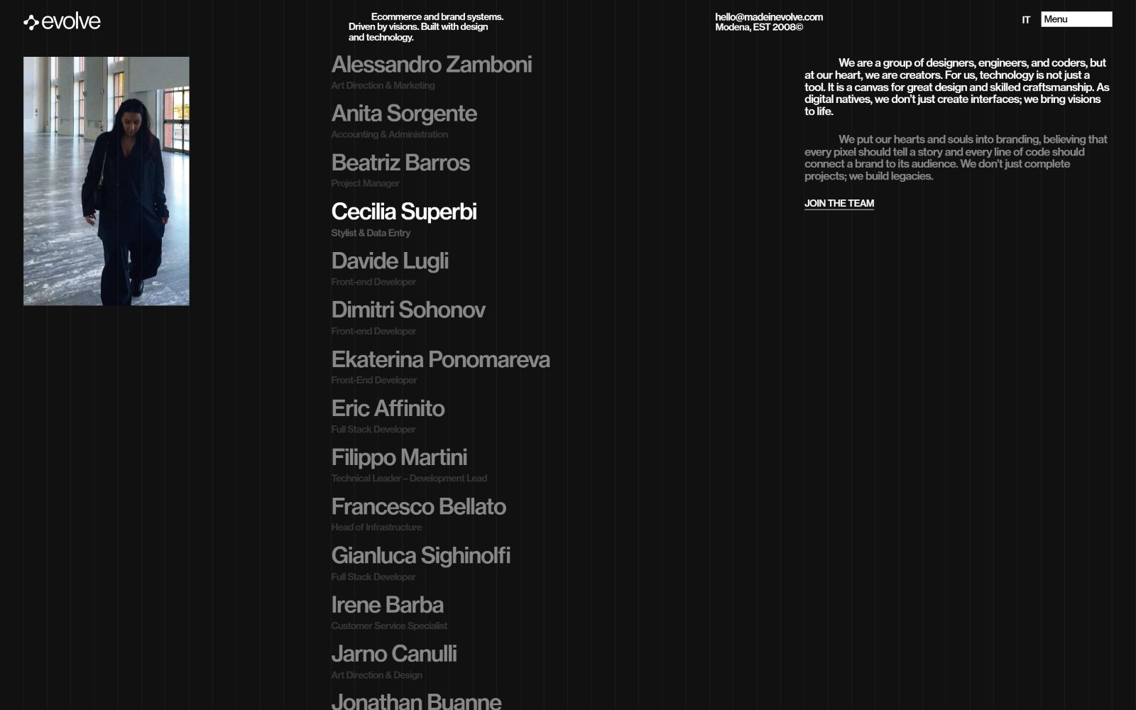 Black background with a list of names; Cecilia Superbi highlighted. Sections with white text on left and right.