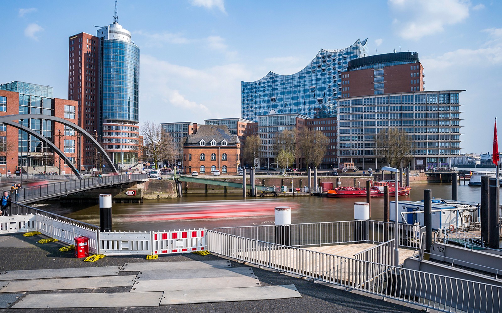Elbphilharmonie concert hall and surrounding buildings in Hamburg during a guided tour.