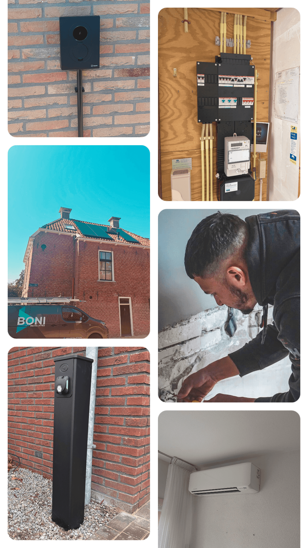 laadpaal, meterkast, zonnepanelen op het dak, airco, monteur