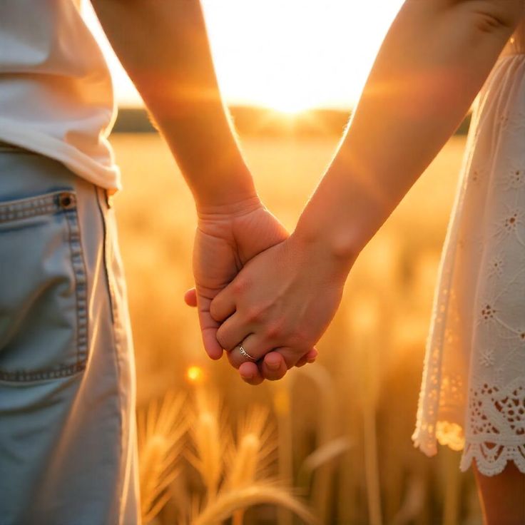 Romantic close-up of a couple holding hands in a sunlit wheat field during golden hour, symbolizing love, connection, and warmth.