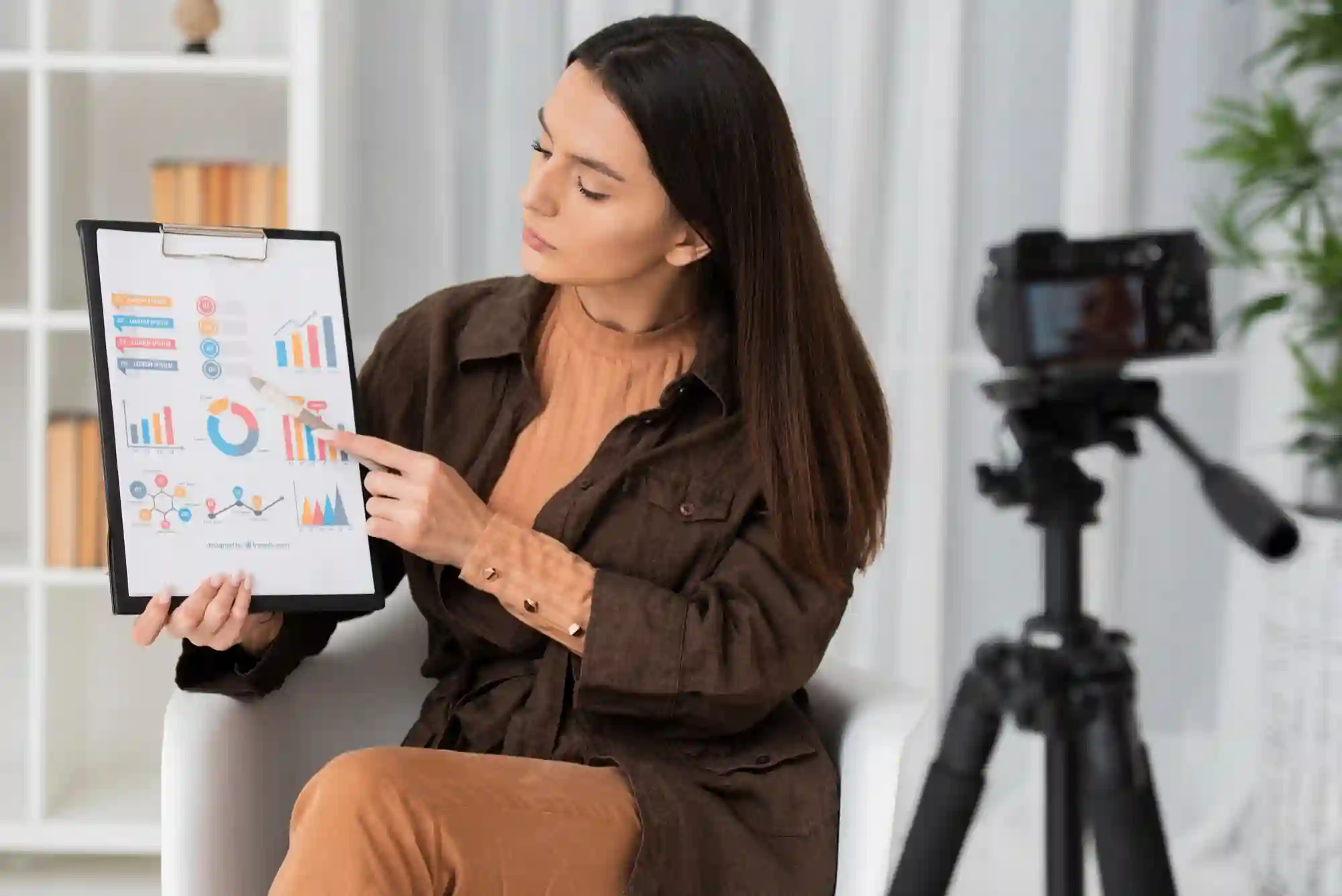 A creator presenting charts and graphs on a clipboard during a video shoot, representing data-driven content improvement.