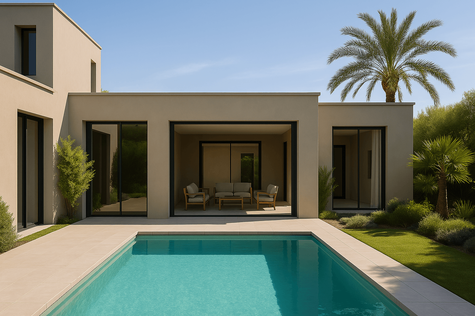 Moradia minimalista com janelas inteligentes transparentes, com vista para uma piscina.