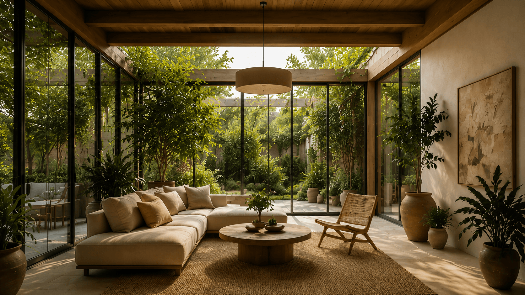 A sunlit, wabi-sabi inspired solarium featuring floor-to-ceiling glass windows, exposed wooden ceiling beams, a low-profile linen sectional, a raw wood coffee table, and oversized terracotta pots blending the indoor living space with a lush exterior garden.