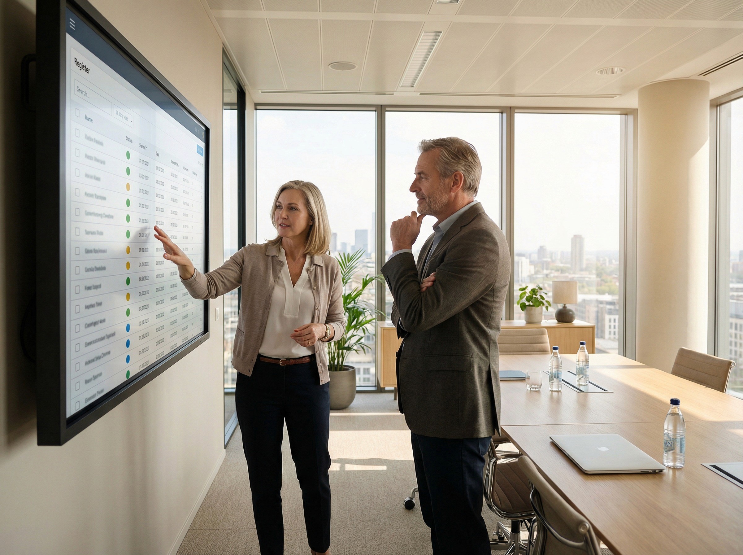 A wide shot of a bright, open executive office at mid-morning. A head of safety in her early 50s is walking a board member in his late 50s through a large wall-mounted screen showing a register-style view with rows of risk items, each with a coloured lifecycle status indicator — some green, some amber, a few blue — and date columns. She is standing beside the screen, one hand gesturing toward the middle section of the display, explaining something specific. He is standing a step back, arms loosely folded, nodding.
