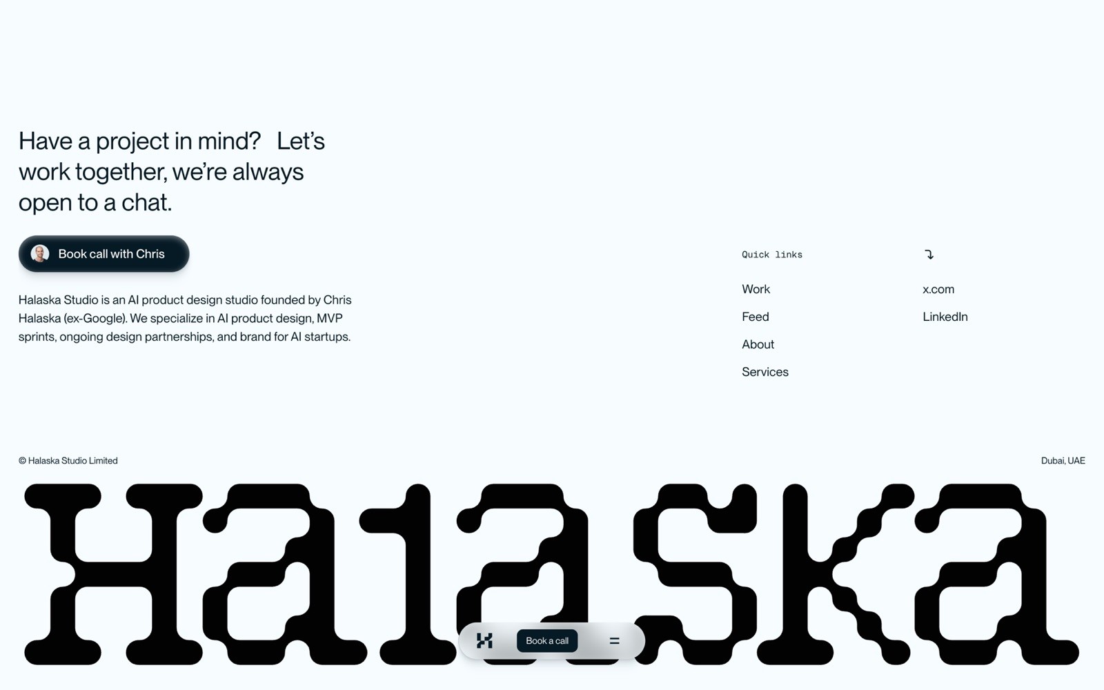 The image features a minimalist design webpage with the text "Have a project in mind? Let's work together, we're always open to a chat," a button to book a call with Chris, and navigation links including Work, About, and Services, all from Halaska Studio Limited, an AI product design studio.