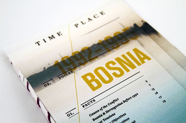 A close-up shot of a magazine page titled "BOSNIA" in large, bold yellow letters. The page is numbered "01." and includes sections labeled "FACTS," "Causes of the Conflict," "Bosnia & Herzegovina Before 1992," and "Tensions." Small numbers appear next to each section, likely indicating page numbers. The magazine is slightly angled, revealing a white background beneath its cover. The title "TIME PLACE" is printed at the top. The word "VOICES" is printed below "TIME PLACE."