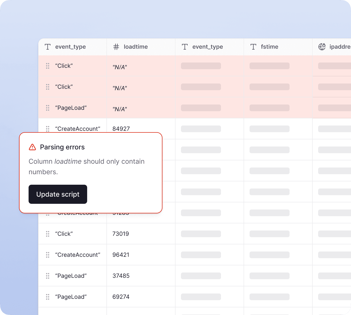 Parsing errors view in the data wranler